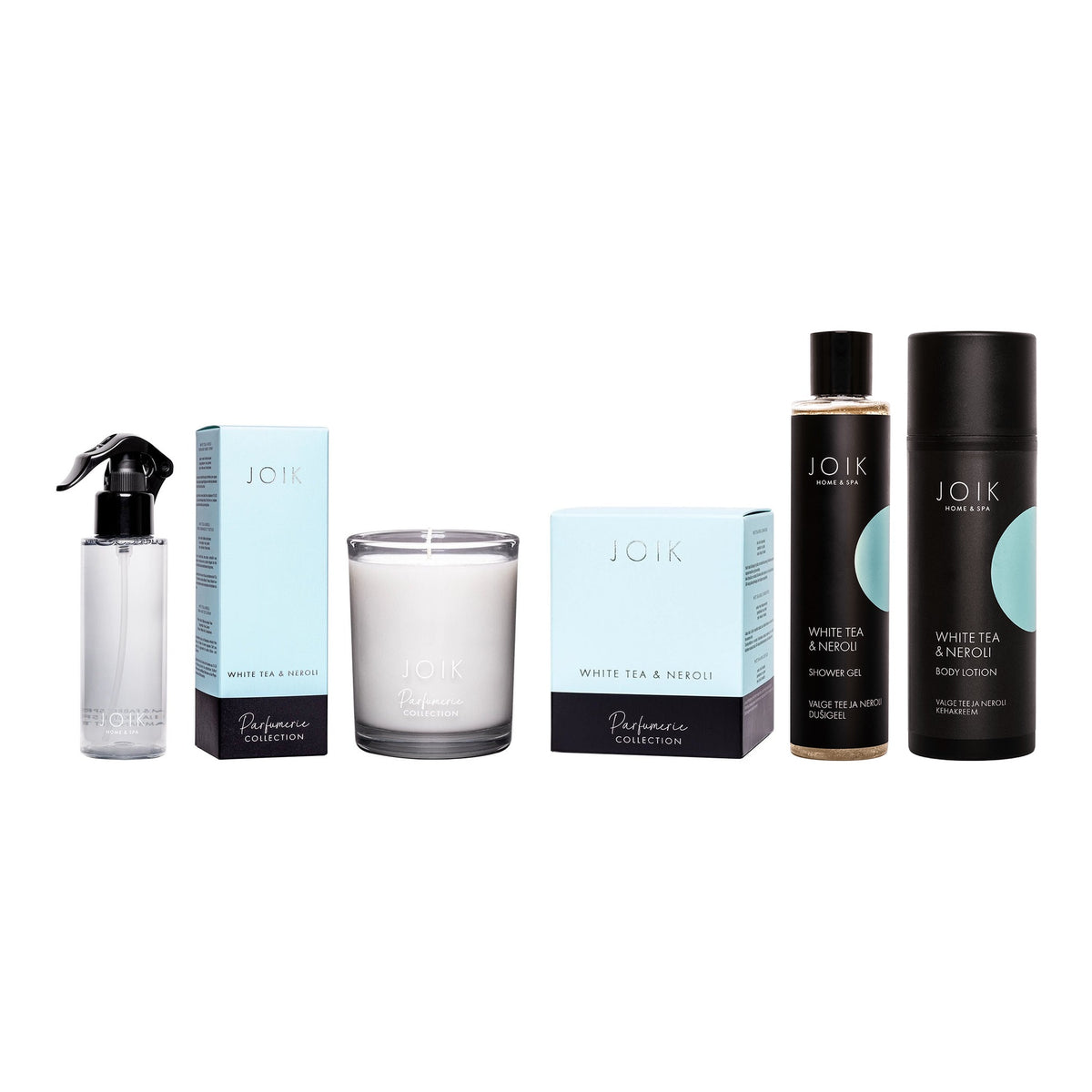 White Tea & Neroli Scent Story Set: room and fabric spray, candle, shower gel and body lotion