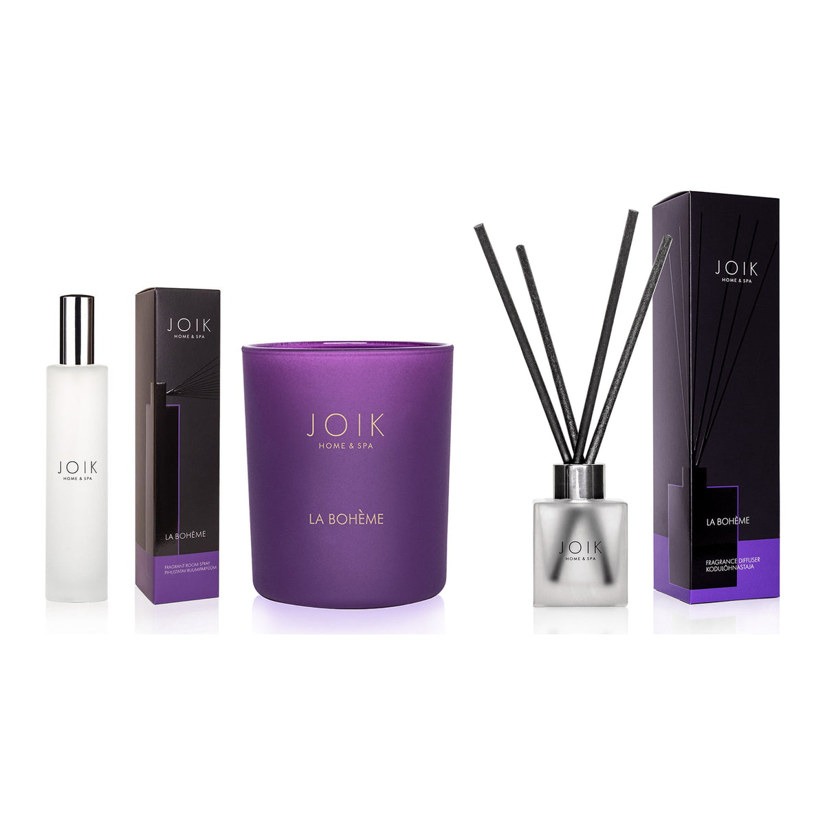 La Boheme Home Scent Set: candle, reed diffuser and room spray