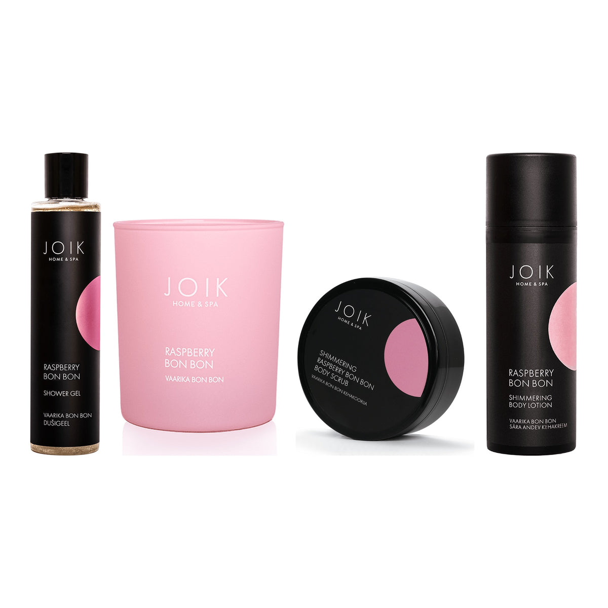 Raspberry Bon Bon Scent Story Set: candle, shower gel, shimmering body scrub and shimmering body lotion
